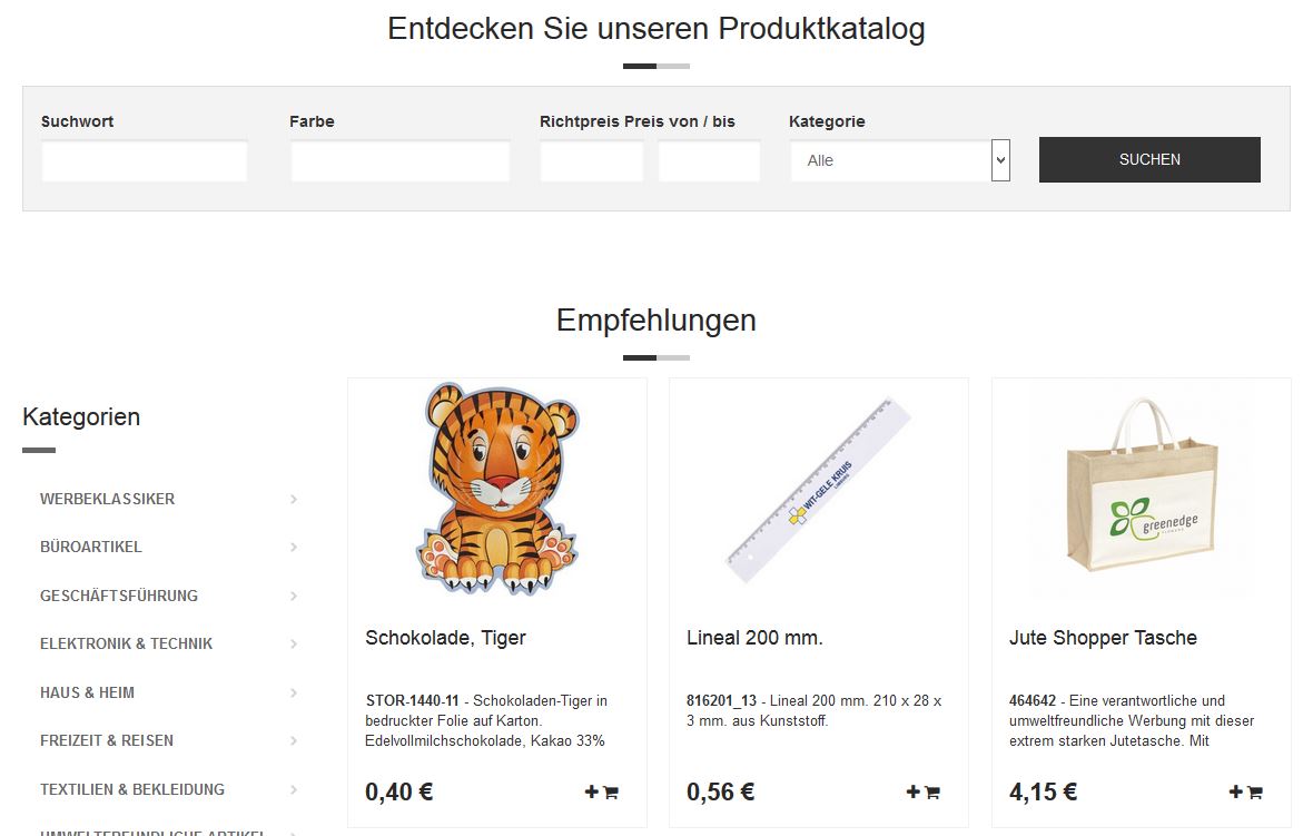 Screenshot des Shops SIGNal-Werbemittel.de für Werbemittel und Werbeartikel